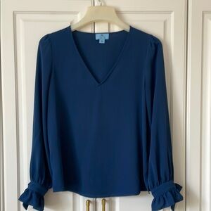 CeCe Ruffled Long Sleeve Blue Blouse